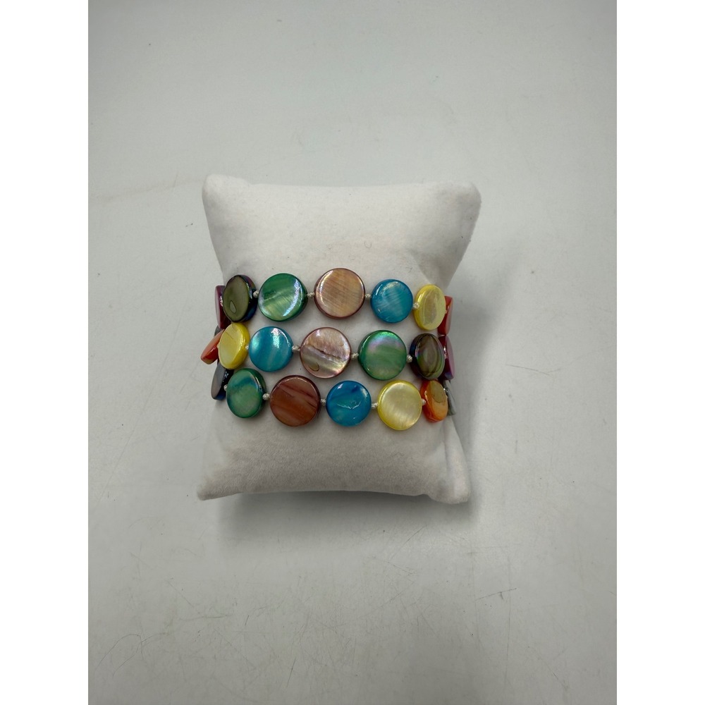 Multi Color Mother of Pearl Shell Triple Strand Bracelet Magnetic Clasp Rainbow